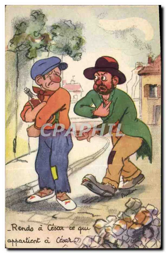 Dos hombres en una escena humorística — texto impreso: «Devuelve a César lo que es de César» — M. D. París - Anverso