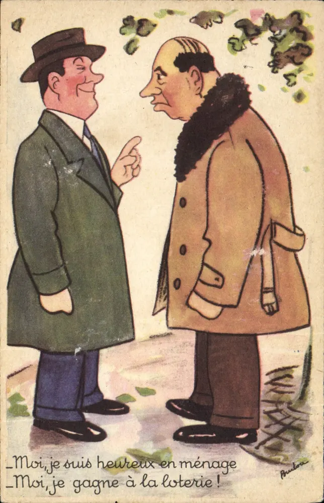 Zwei Männer diskutieren — humoristische Karikatur — Paul Laroche, Serie 100 - Vorderseite