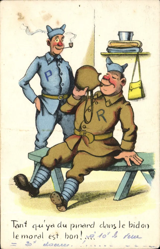 Deux soldats en tenue de camp — scène humoristique avec texte imprimé — Édition française n° 35 - Frente