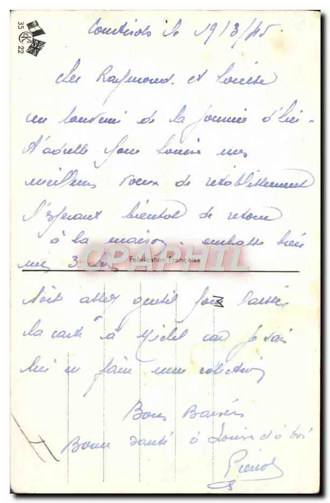Deux soldats en tenue de camp — scène humoristique avec texte imprimé — Édition française n° 35 - Verso