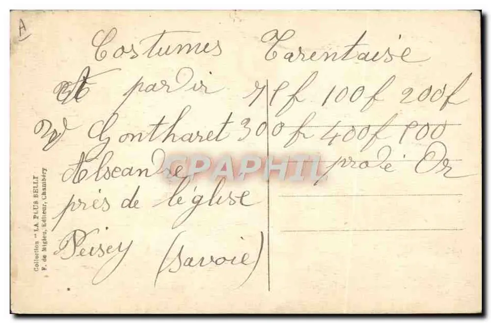 Trajes de Savóia (Tarentaise) — Sujeto: mulher em traje tradicional — editor F. de Miguer, Chambery, n° 67 - Verso