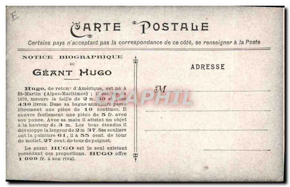 Géant Hugo — notice biographique — Éditeur : Carte Postale - Rückseite