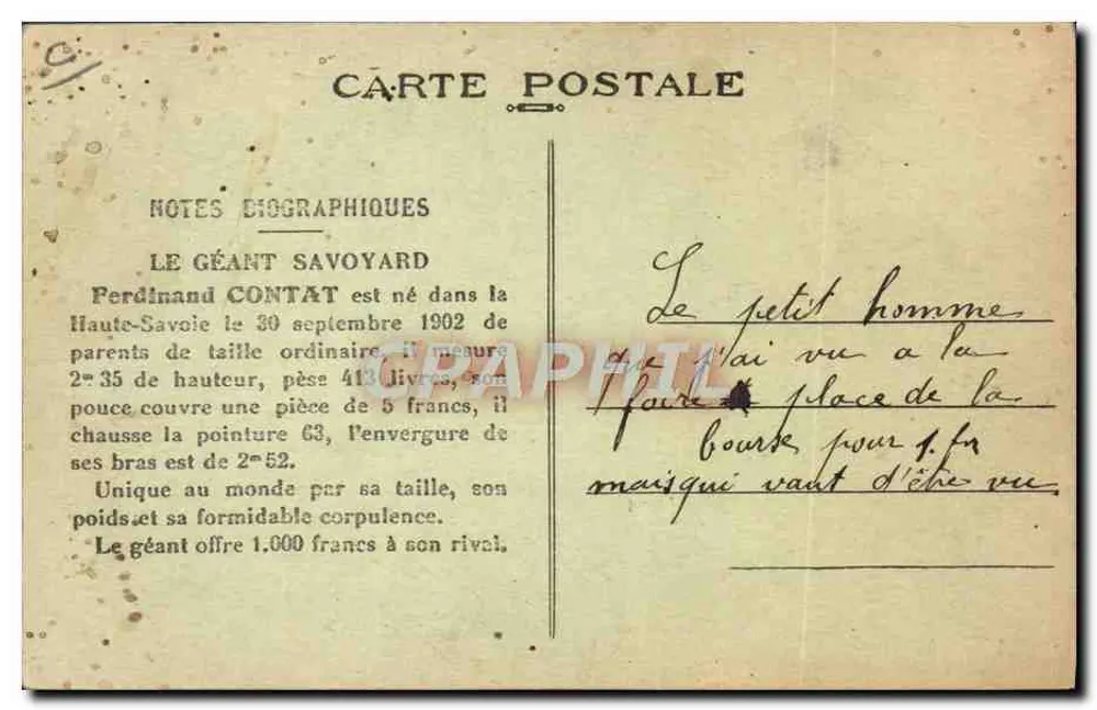 O gigante Savoyard — Ferdinand Contat — carta postal com notas biográficas - Verso
