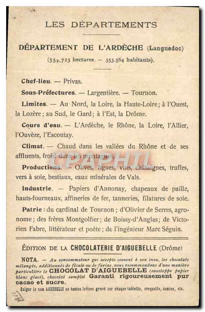 Die Departemente: ARDÈCHE — Ausgabe der CHOCOLATERIE D'AIGUEBELLE - Rückseite