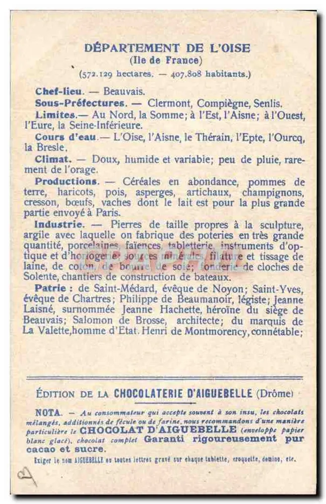Die Departements: OISE — Ausgabe der CHOCOLATERIE D'AIGUEBELLE - Rückseite