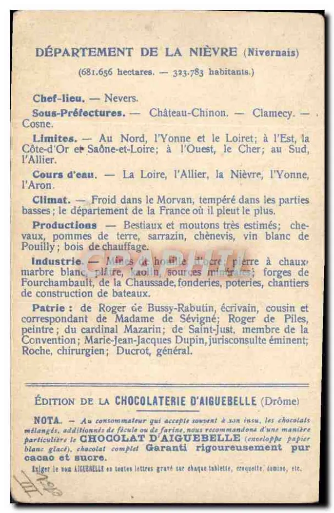 Nièvre — Karte der Departements — Ausgabe der Schokoladenfabrik Aiguebelle - Rückseite