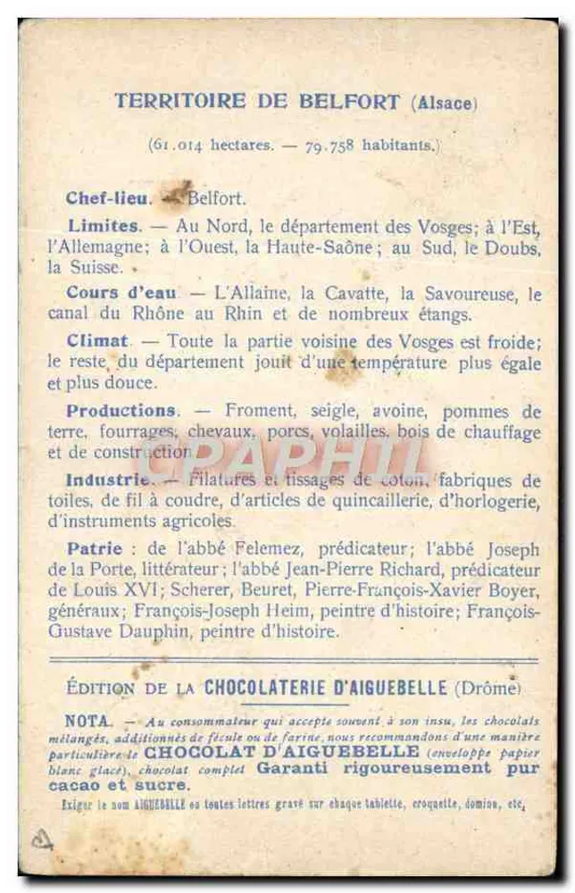 Territorium von Belfort — Ausgabe der Chocolaterie d'Aiguebelle - Rückseite