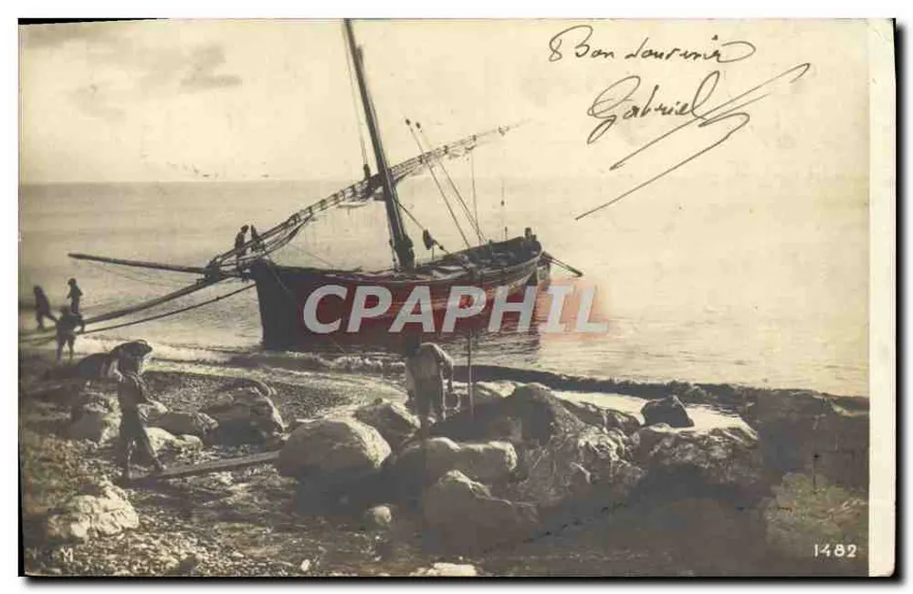 Embarcação a vela em uma praia rochosa — Bonourmia — Gabriel — n° 1482 - Frente