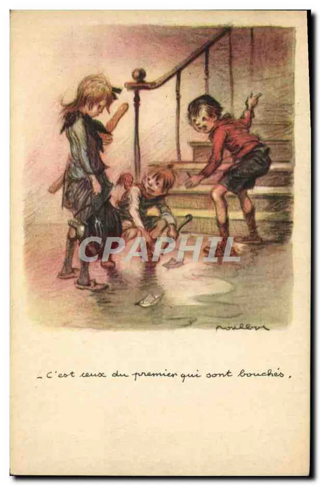 Kinder, die auf der Treppe spielen — Zeichnung von Poulleu — Nationale Liga gegen Slums - Vorderseite