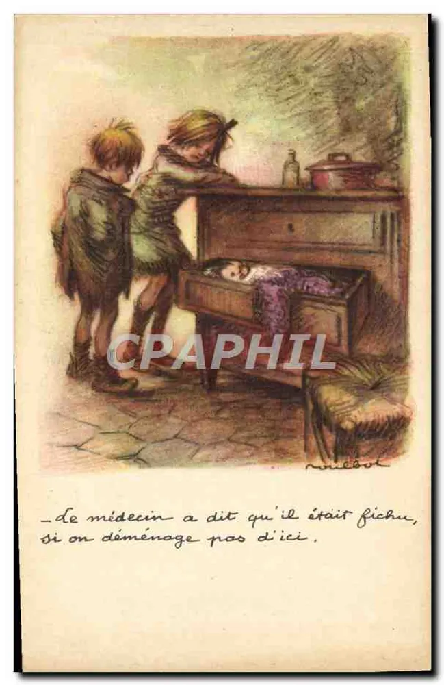 Zwei Kinder, die ein schlafendes Kind in einem Schrankfach beobachten — Zeichnung von N. Noulbol — Ligue Nationale Contre le Taudis - Vorderseite