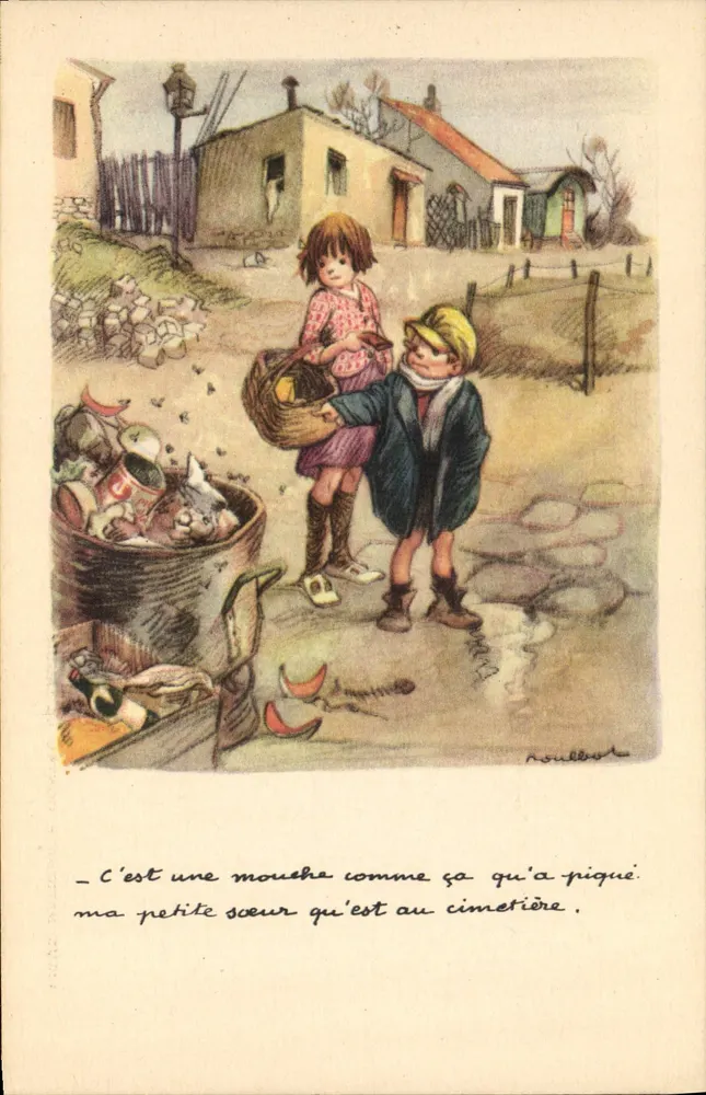 Kinder neben einem Müllwagen — Illustration von Roulliest — Nationale Liga gegen Slums - Vorderseite