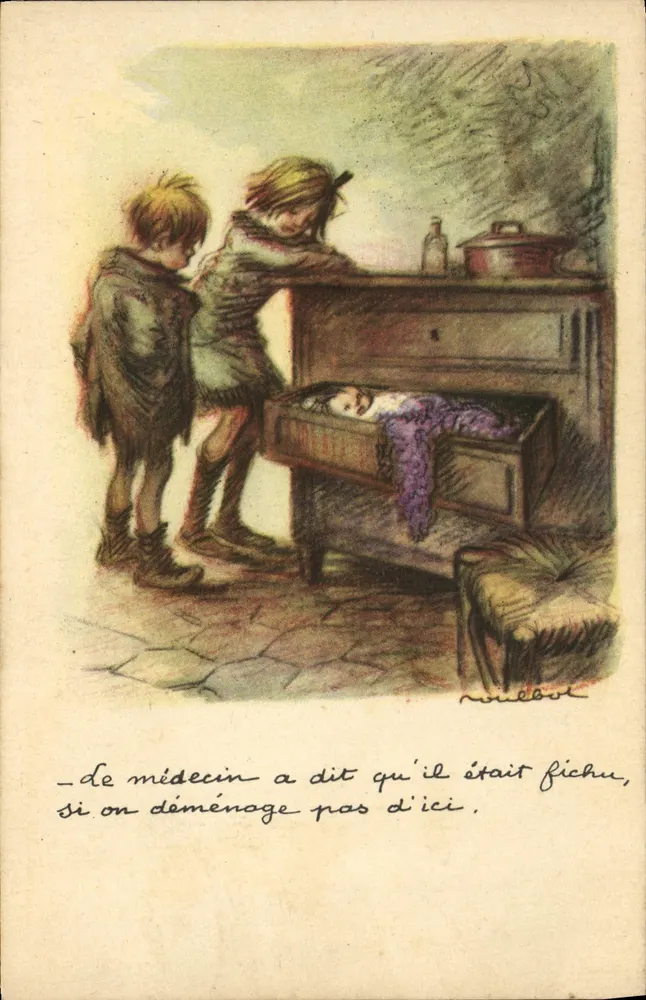 Zwei Kinder, die ein Baby in einem Klavierkasten ansehen — Illustration von Nielbot — Karteikarte - Vorderseite