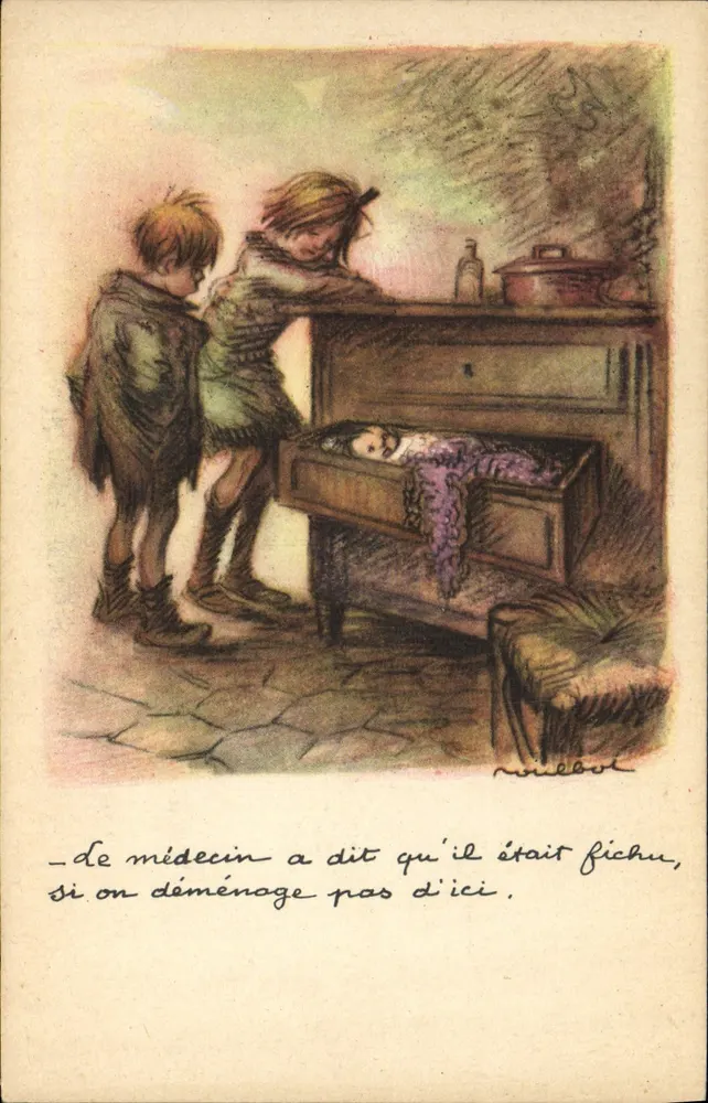 Zwei Kinder, die ein Baby in einem Kasten ansehen — Illustration von Roubot — Nationale Liga gegen Slums - Vorderseite