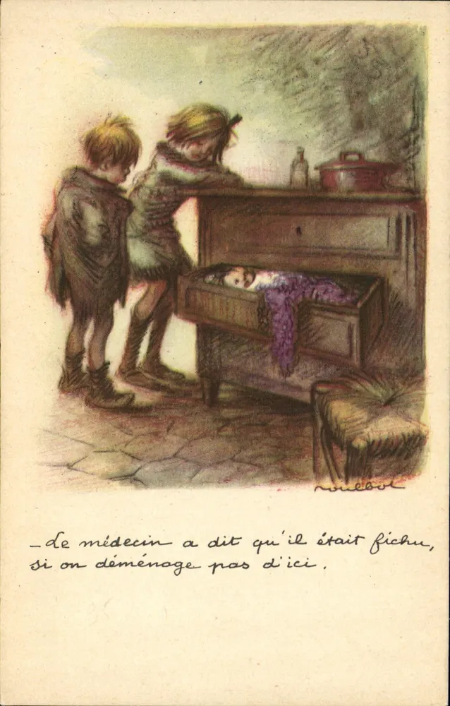 Zwei Kinder vor einem Klavier — Illustration von N. Roubout — Nationale Liga gegen Slums - Vorderseite
