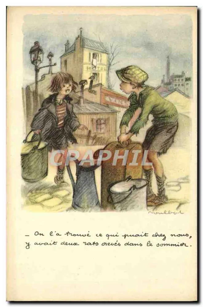 Zwei Kinder vor einem Bett — humorvoller Szene — Ligue Nationale Contre le Taudis - Vorderseite