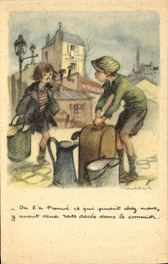 Zwei Kinder, die über eine Maus sprechen, die in einem Bettgestell gefunden wurde — Illustration von Noulbrot — Nationale Liga gegen Slums - Vorderseite