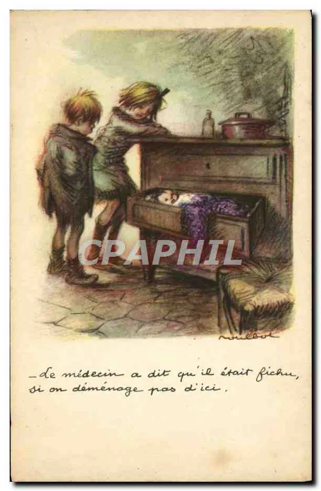 Kinder, die ein schlafendes Kind in einem Klavier beobachten — Illustration von Nielbot — Nationale Liga gegen Slums - Vorderseite