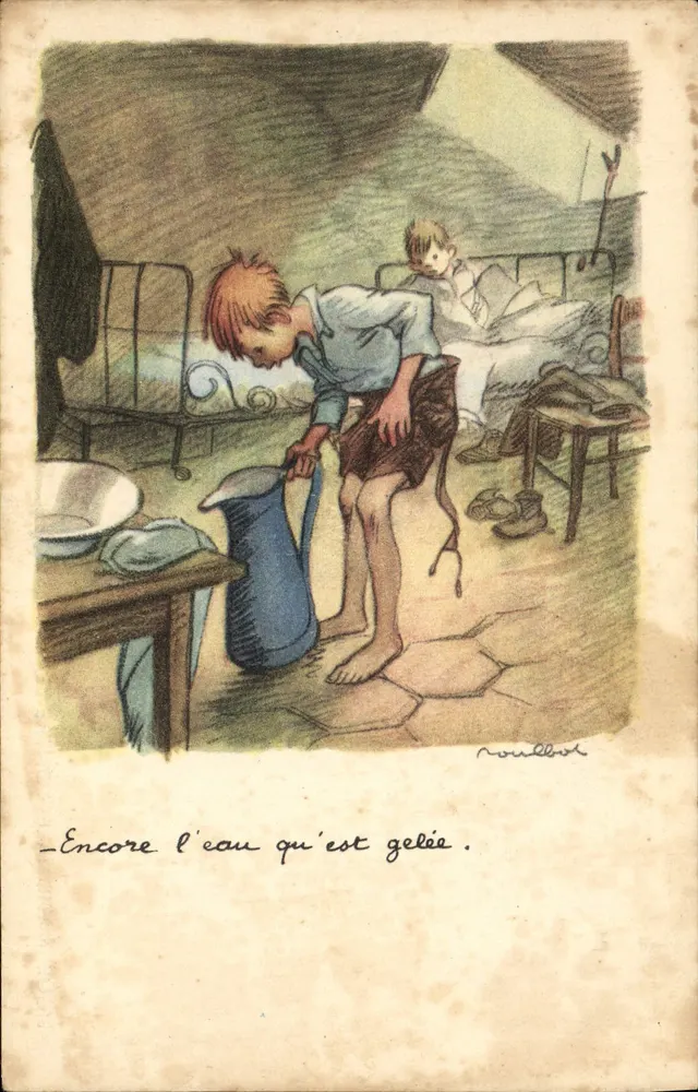 Kind, das gefrorenes Wasser gießt — Illustration von Roullot — Nationale Liga gegen Slums - Vorderseite