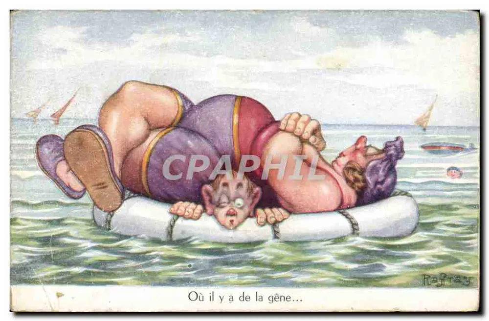 Deux lutteurs en difficulté sur un bouée — caricature de Rayfrey — éditeur M. D. PARIS - Frente