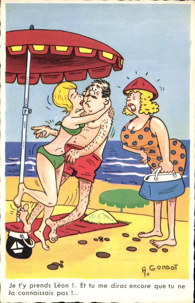 Strand Szene — humoristische Karikatur — A. Gondot - Vorderseite