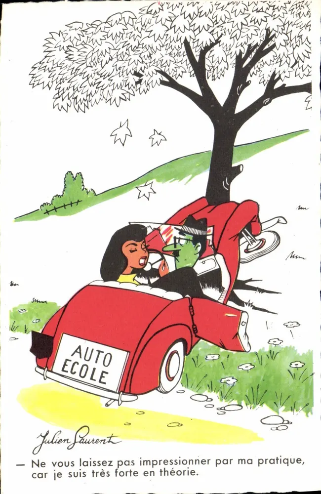 Fahrschule — Karikatur eines Fahrers und einer Passagierin — Julien Laurent - Vorderseite