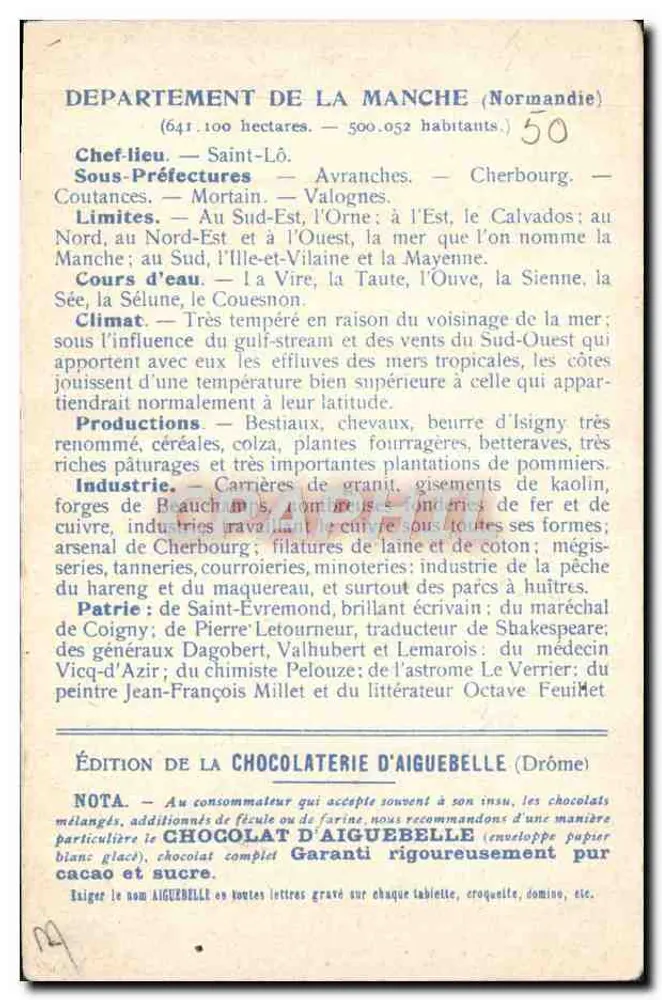 Die Departements: MANCHE — Ausgabe der CHOCOLATERIE D'AIGUEBELLE - Rückseite