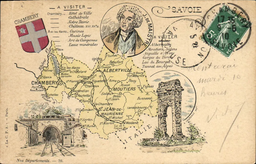 Savoie — Carte touristique avec illustration de J. de Maistre et du Col de l'Arc — éditée par La C.P.A. — n° 70 - Vorderseite
