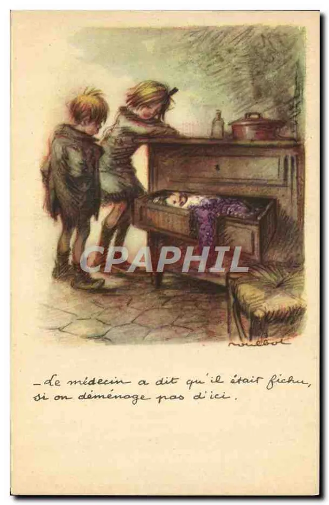 Crianças observando uma criança dormindo em um piano — ilustração de N. M. B. — Ligue Nationale Contre le Taudis - Frente