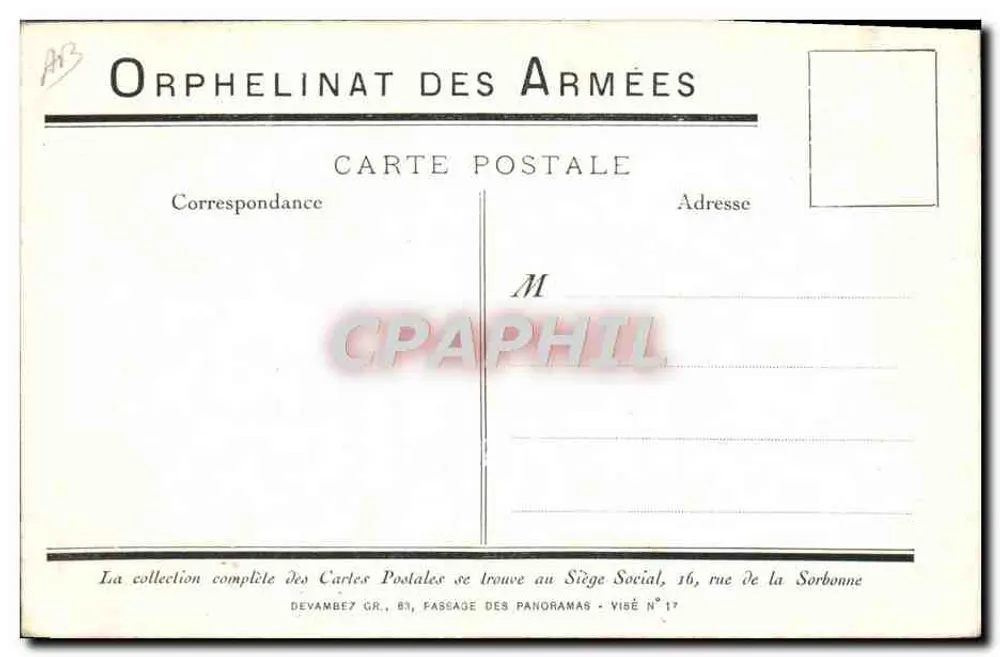 Orfanato das Forças Armadas — Tema: órfãos de guerra — Editor: Devambez Gr. & Passage des Panoramas, Paris - Verso