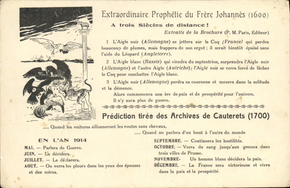 Vorhersage des Krieges 1914 — Außergewöhnliche Weissagung des Bruders Johannis (1600) — P. M. Paris, Verleger - Vorderseite
