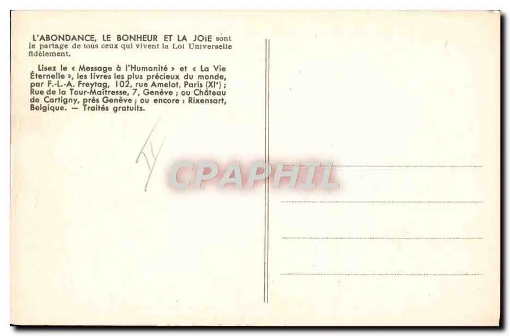 O Castelo de l'Abondance — vista com três pessoas em um parque — editor não visível, n° de série 603 - Verso