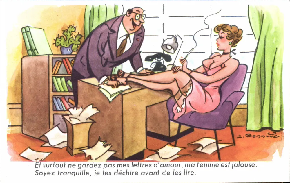 Cena de escritório — caricatura de um homem e de uma mulher — L. Bonnoue - Frente