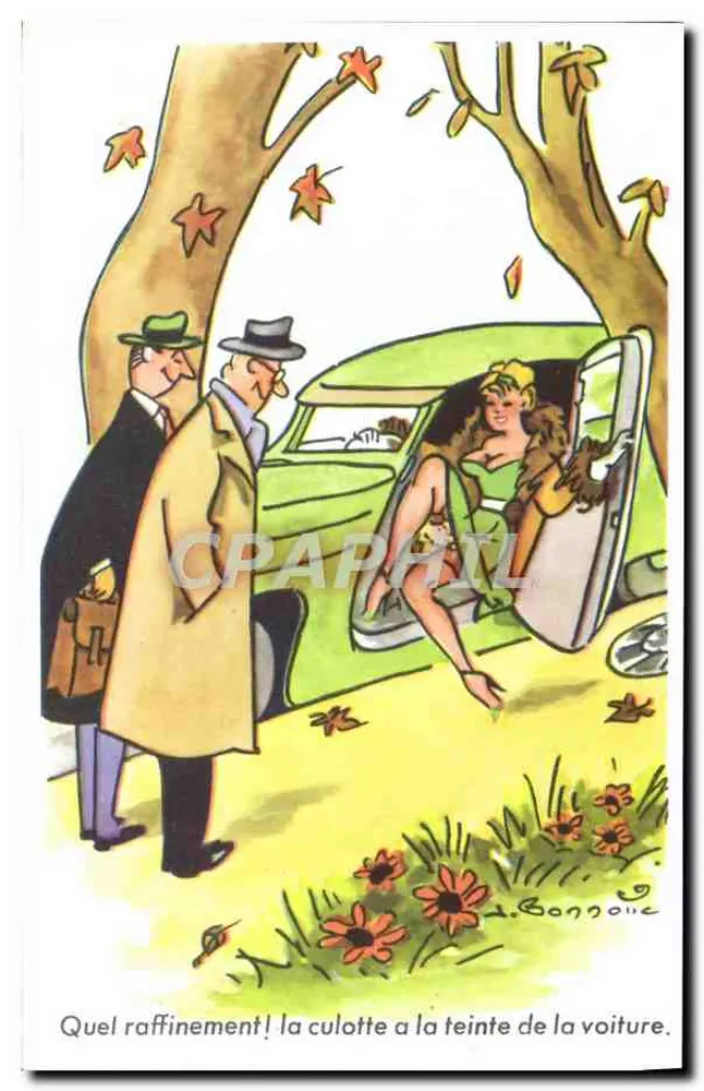 Zwei Männer bewundern eine Frau in einem Auto — humorvoller Zeichnung — Bonnoue - Vorderseite