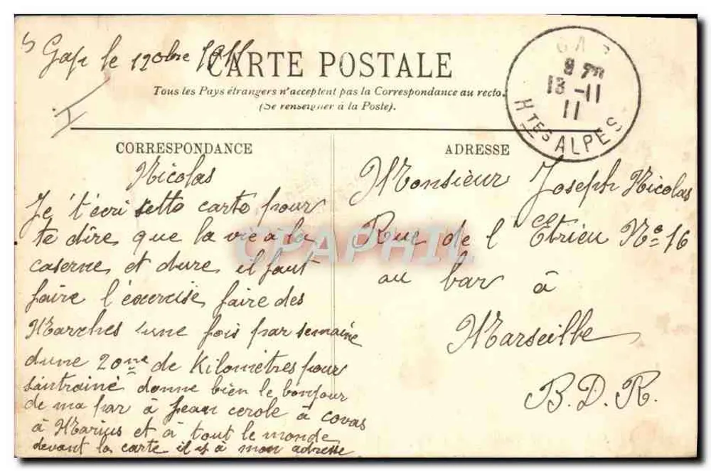 Cenas Militares — O Corpo de Guarda — LL. — 12º Regimento de Infantaria, 4ª Companhia, em Gap, Alpes-de-Haute-Provence - Verso