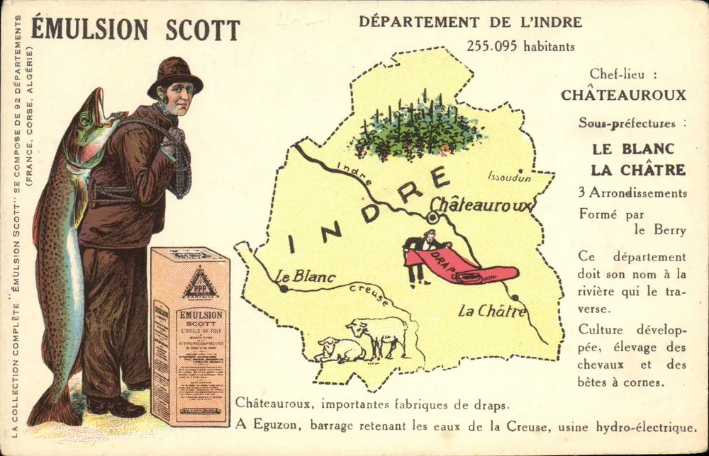 Département der Indre — geografische und statistische Karte mit Illustration eines Fischers und lokaler Produkte — Emulsion Scott - Vorderseite