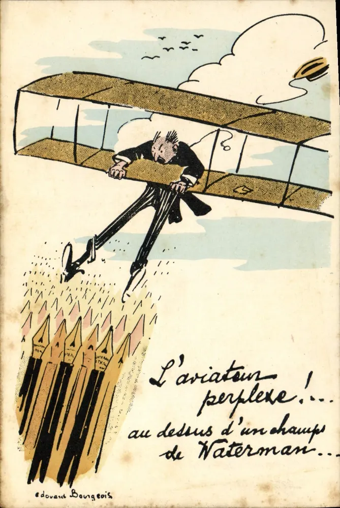 O aviador perplexo!... acima de um campo de Waterman — desenho de Edouard Bourgeois - Frente