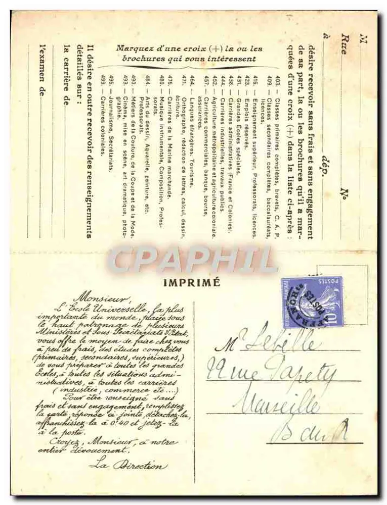 L'ÉCOLE UNIVERSELLE — Paris (XVI), 59, Boulevard Exelmans — Ansichtskarte - Rückseite