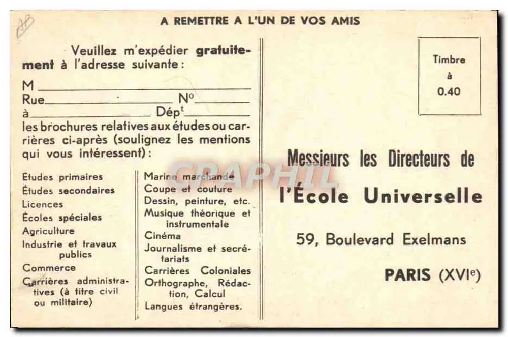 PARIS — UNIVERSAL SCHULE — Schüleranmeldung und Kursverteilung. - Rückseite