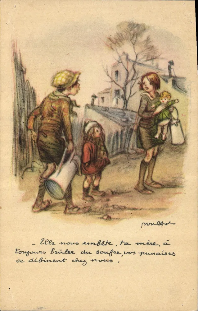 Kinder und Frau mit Baby — Straßenszene — Ligue Nationale Contre le Taudis, n° III - Vorderseite