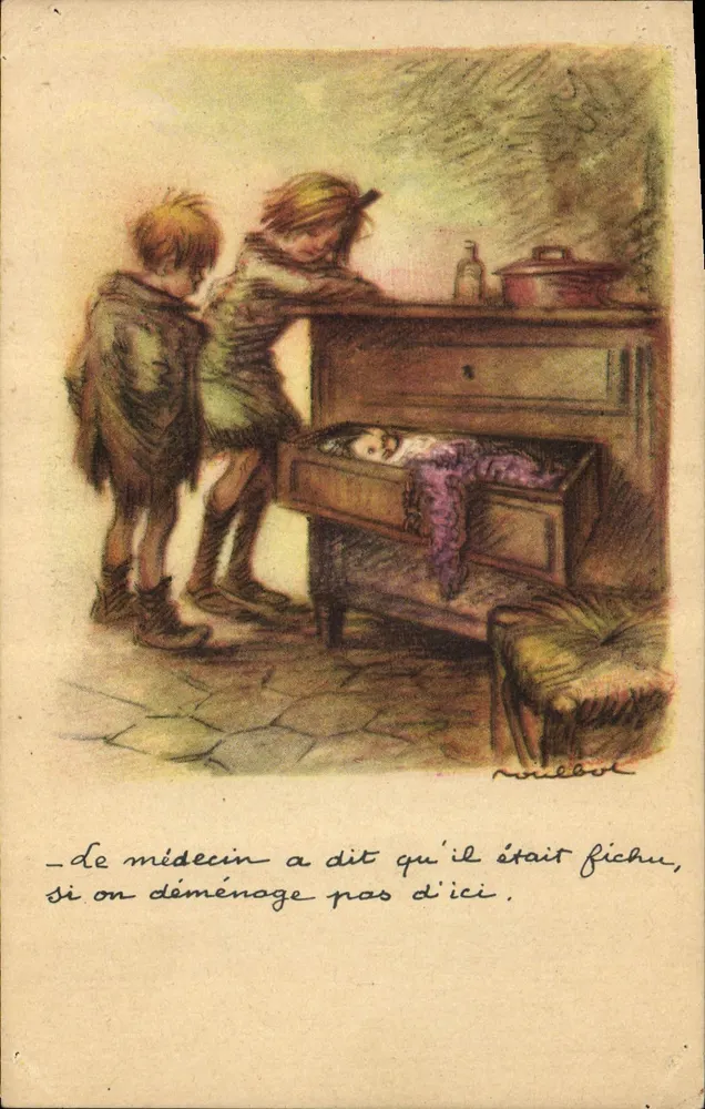 Kinder, die ein Kind in einem Schrank betrachten — Zeichnung von Néilbot — Nationale Liga gegen Slums - Vorderseite
