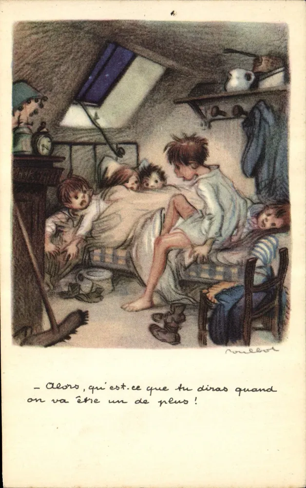 Kinder in einem Attikazimmer — Illustration von Robert — Nationale Liga gegen Slums - Vorderseite