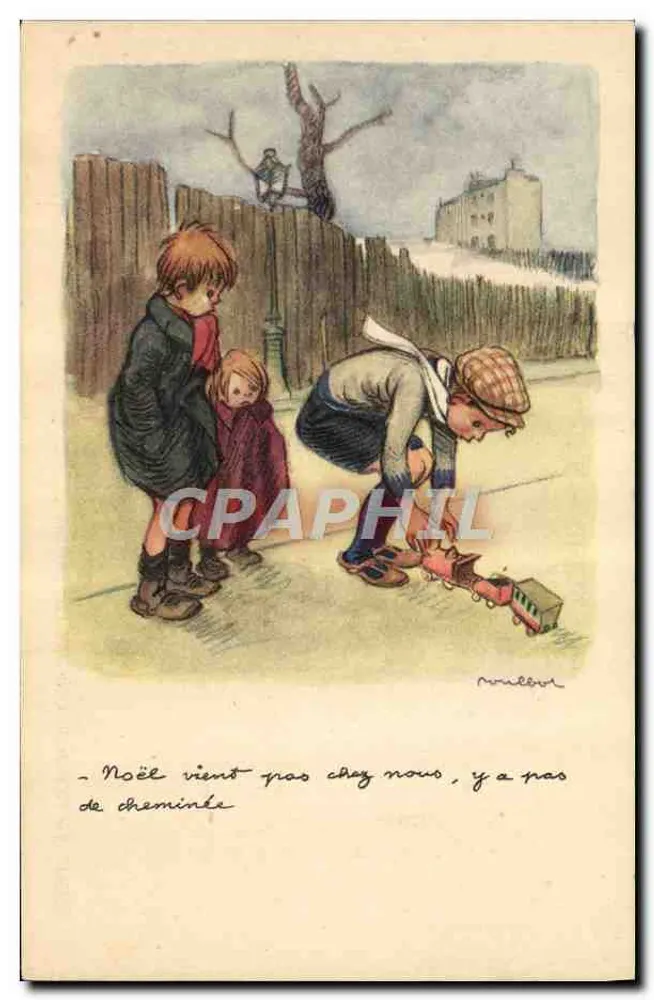 Kinder, die mit einem Miniaturzug spielen — Illustration von Muller — Nationale Liga gegen Slums - Vorderseite