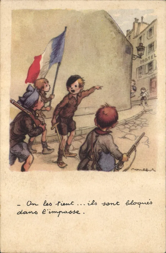 Kinder mit französischer Flagge — Straßenszene — Verlag Rouleb, Seriennummer nicht sichtbar - Vorderseite