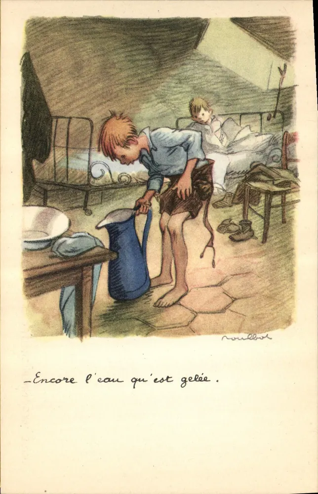 Kind, das gefrorenes Wasser gießt — Illustration von Roullot — Nationale Liga gegen Slums - Vorderseite
