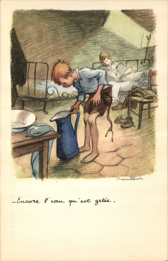 Kind, das gefrorenes Wasser gießt — Illustration von Roullot — Nationale Liga gegen Slums - Vorderseite