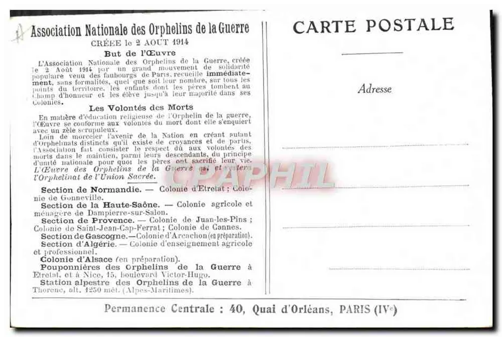 Zwei Briefe, die ohne Antwort bleiben — Nationale Vereinigung der Kriegswaisen — Zentralbüro: 40, Quai d'Orléans, PARIS (IVe) - Rückseite
