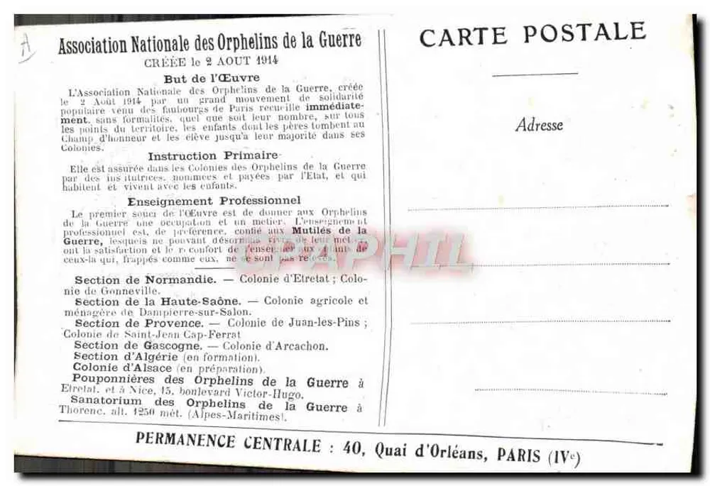 Außenmeal — Association Nationale des Orphelins de la Guerre — Paris (4. Arrondissement) - Rückseite