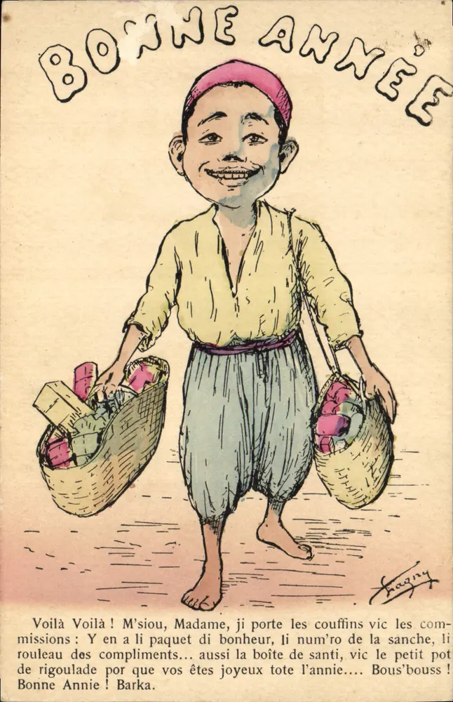 Bonne Année — caricature d'un enfant portant des paniers — éditeur L. CHAIGNY, Alger - Vorderseite