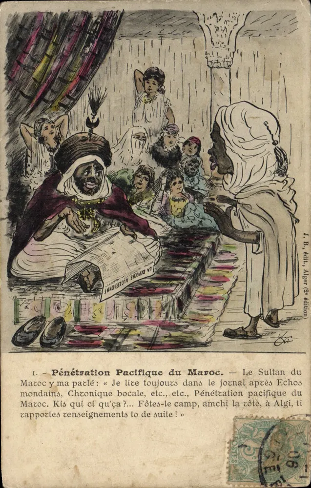Sanfte Eroberung Marokkos — Der Sultan von Matoc liest eine Zeitung in Alger — Verlag J. B., Alger (2. Auflage) - Vorderseite