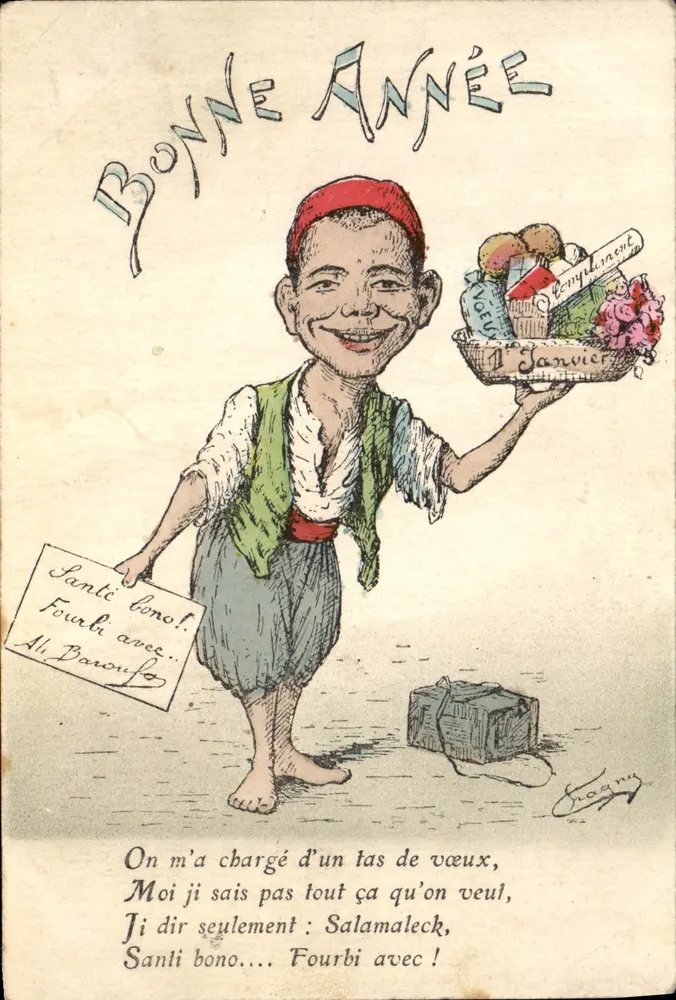 Gutes Neues Jahr — Karikatur eines Mannes mit einem Geschenkbeutel — L. Chagny, Zeichnung, 44 Rue Michelet, Alger - Vorderseite